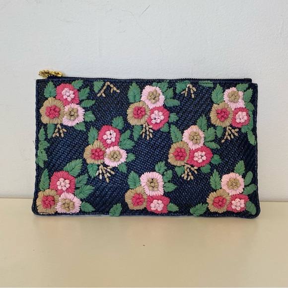 LELE SADOUGHI Midnight Bouquet Floral Straw Embroidery Large Pouch Clutch Purse - Picture 3 of 14